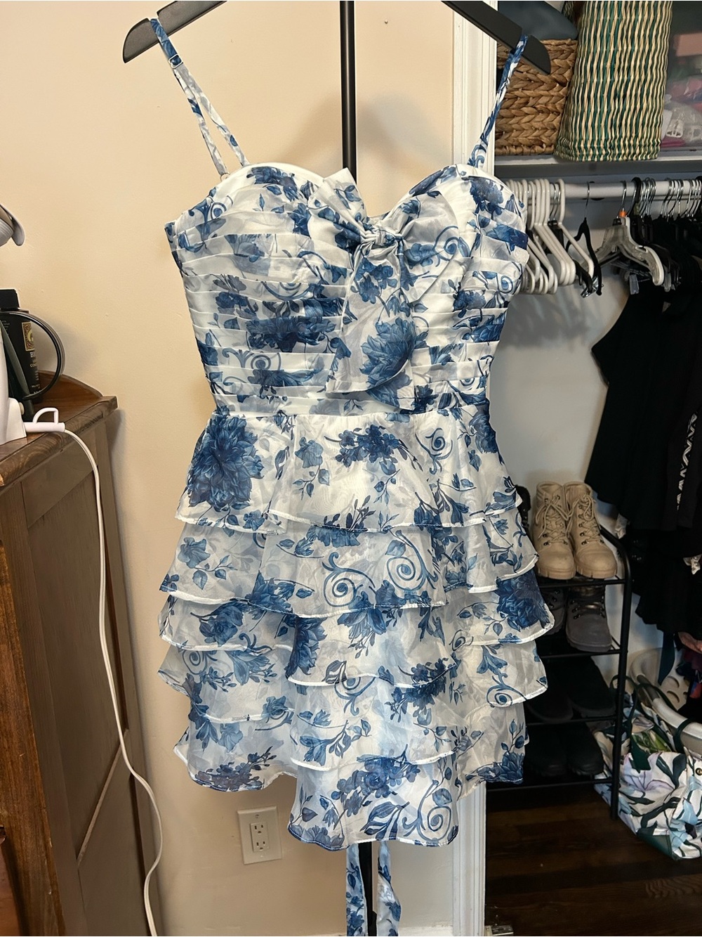 Blue Floral Ruffle Tiered Dress White & Blue